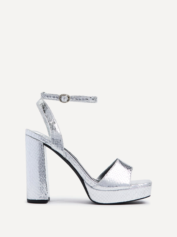 linzi Silver Faux Lizard Leather Platform Heels