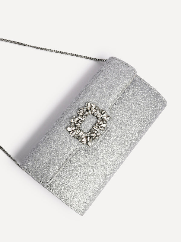 Linzi Silver Glitter Diamante Trim Clutch Bag