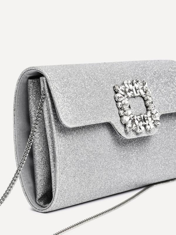 Linzi Silver Glitter Diamante Trim Clutch Bag