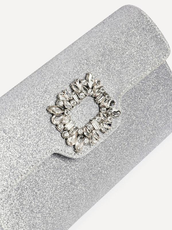 linzi Silver Glitter Diamante Trim Clutch Bag
