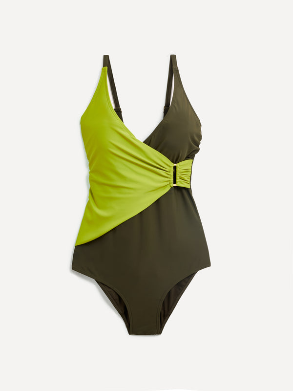 Linzi Linzi Swim Khaki & Lime Wrap Detail Tummy Control Swimsuit