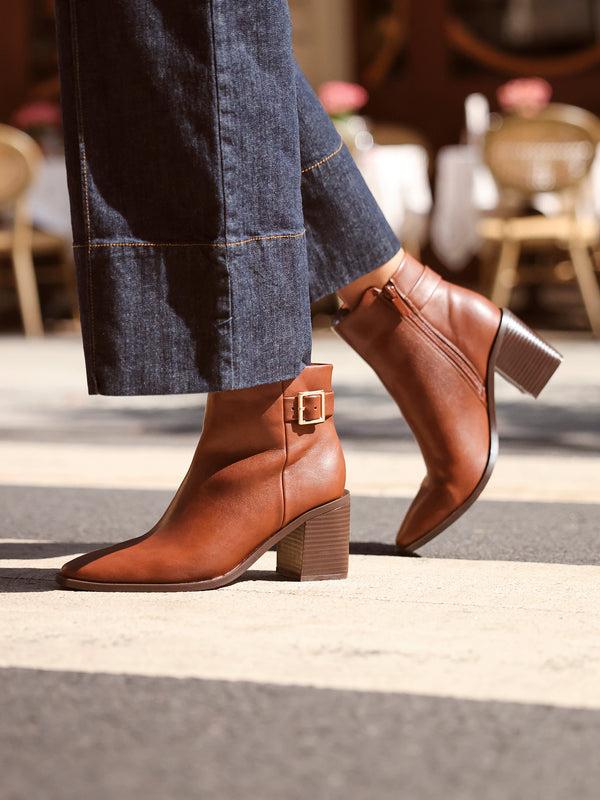 linzi Tan Faux Leather Block Heeled Ankle Boot