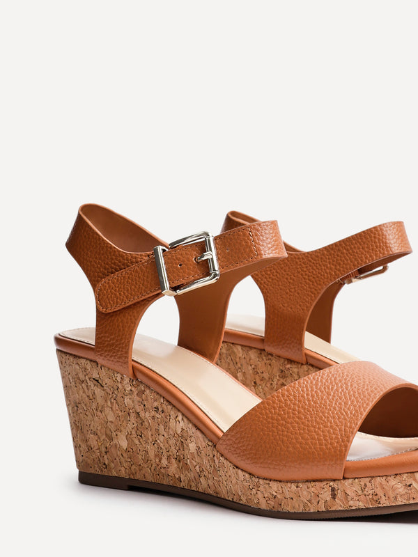 Linzi Tan Faux Leather Cork Platform Wedge