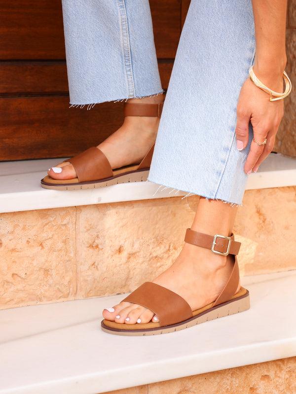 linzi Tan Faux Leather Footbed Two Part Sandal