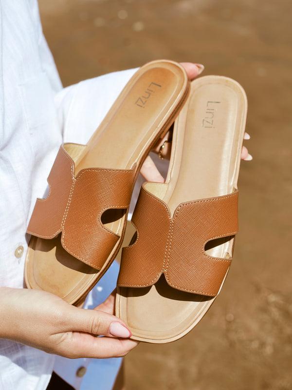 linzi Tan Faux Leather Link Design Flat Sandal