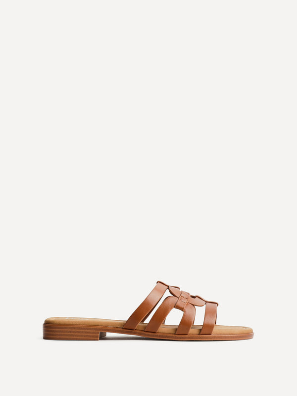 Linzi Tan Faux Leather Linked Flat Slider Sandal