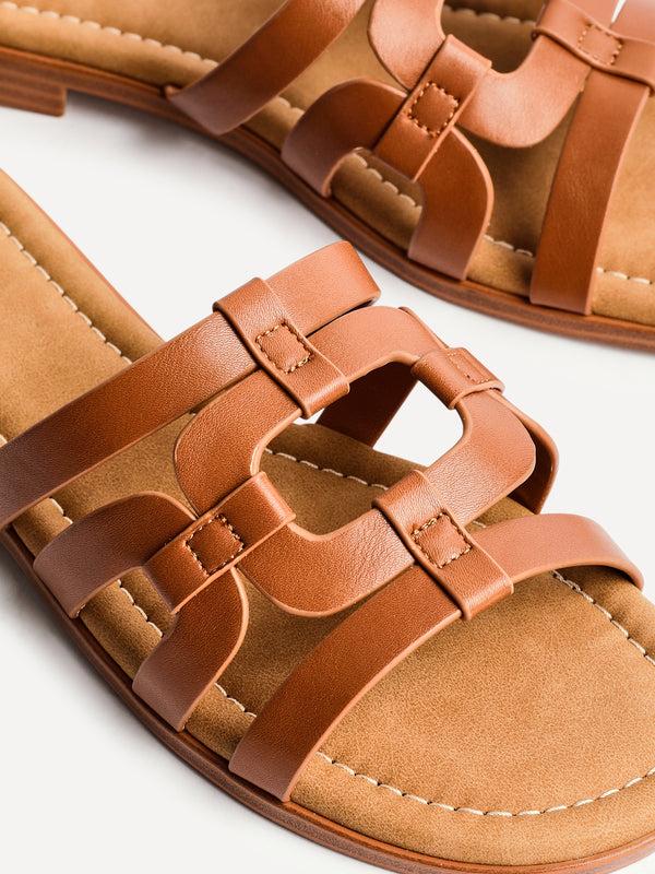 Linzi Tan Faux Leather Linked Flat Slider Sandal
