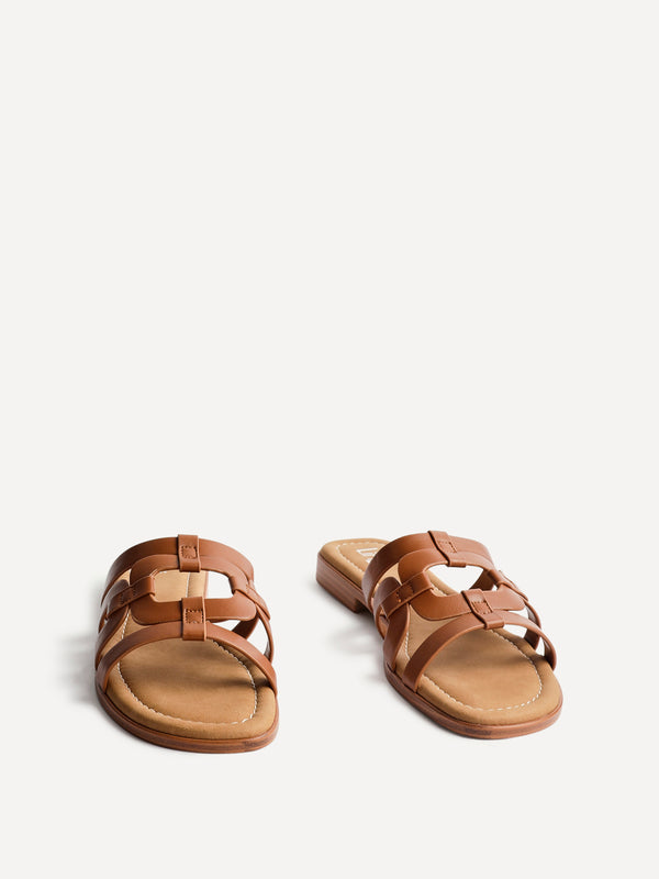 Linzi Tan Faux Leather Linked Flat Slider Sandal