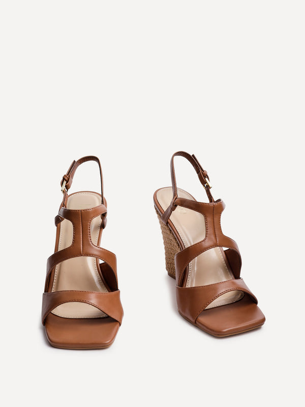 Linzi Tan Faux Leather Raffia Platform Wedge