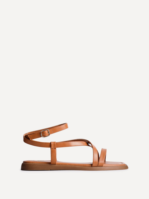 Linzi Tan Faux Leather Strappy Flat Sandals