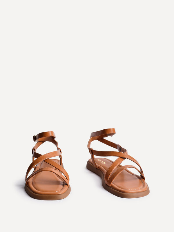 Linzi Tan Faux Leather Strappy Flat Sandals