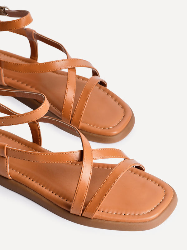 Linzi Tan Faux Leather Strappy Flat Sandals