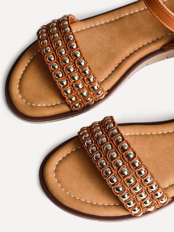 Linzi Tan Faux Leather Studded Flat Sandals