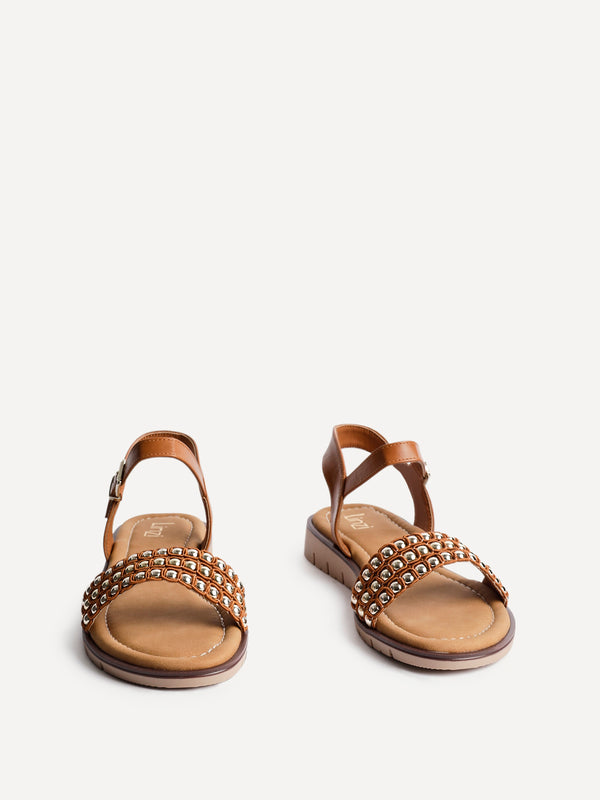 Linzi Tan Faux Leather Studded Flat Sandals