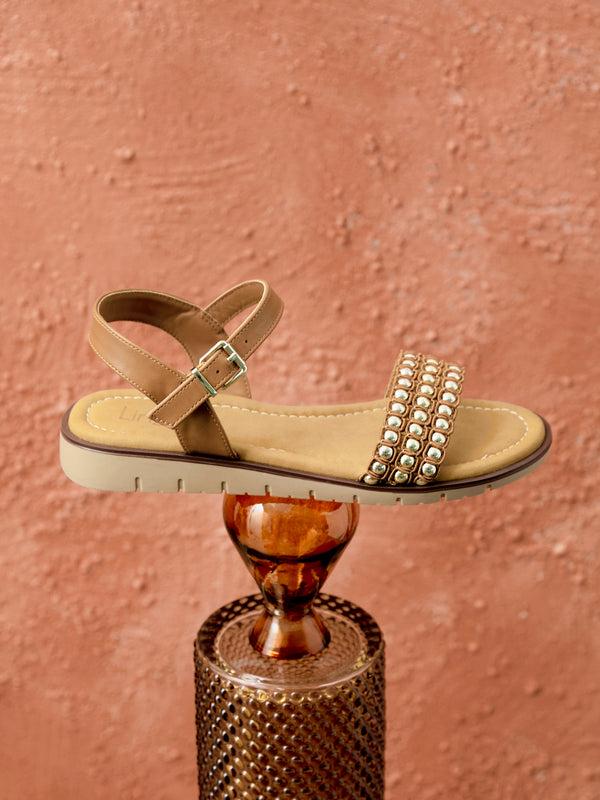 linzi Tan Faux Leather Studded Flat Sandals