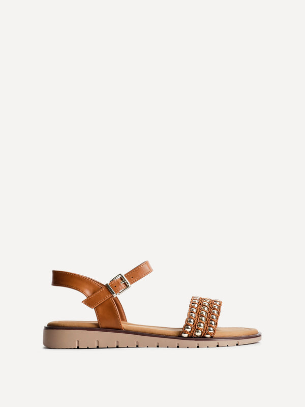 Linzi Tan Faux Leather Studded Flat Sandals