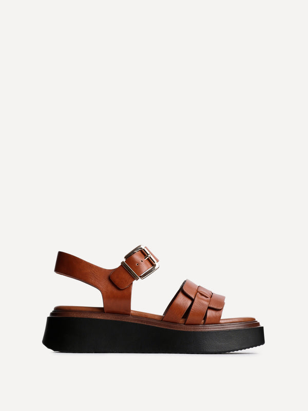 Linzi Tan Faux Leather Woven Flatform Sandals