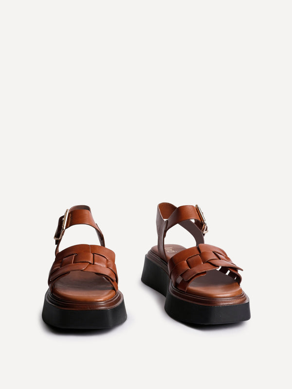 Linzi Tan Faux Leather Woven Flatform Sandals