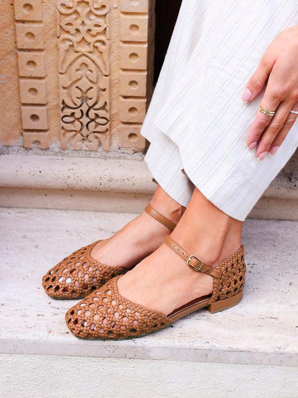 linzi Tan Faux Leather Woven Two Part Sandals