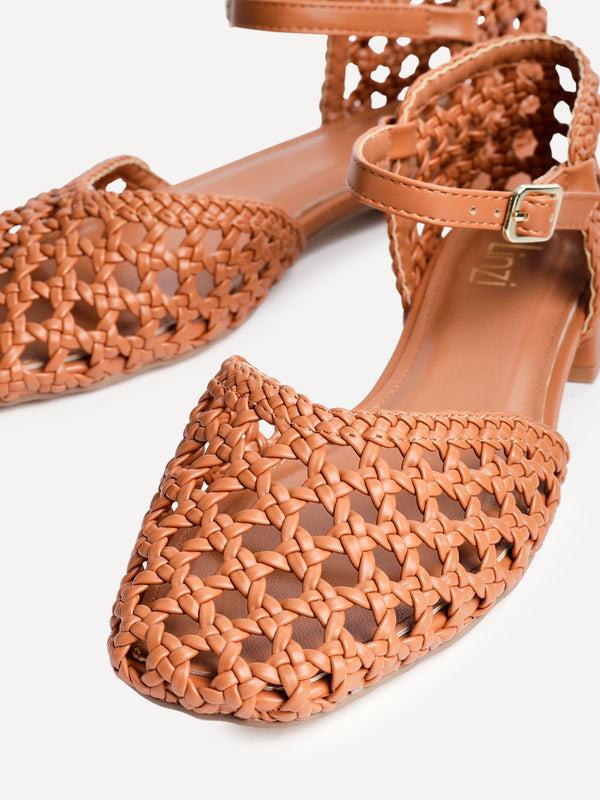 Linzi Tan Faux Leather Woven Two Part Sandals