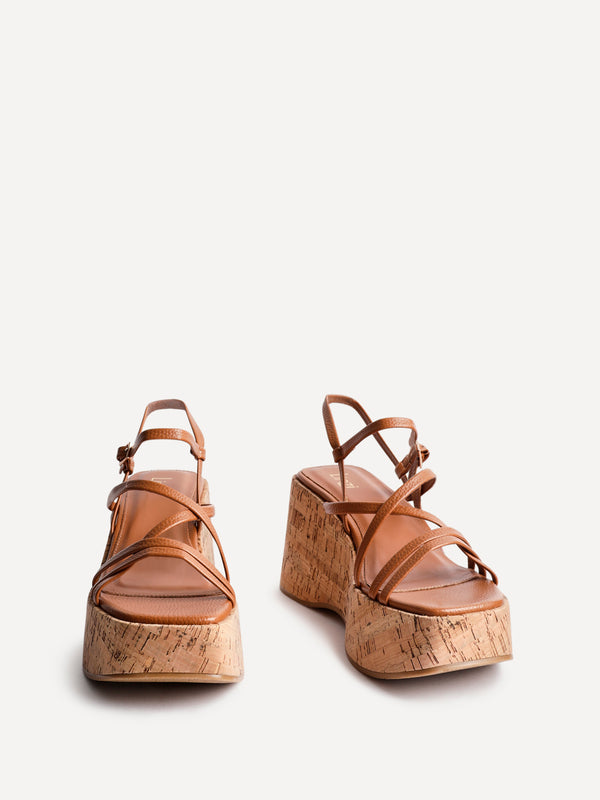 Linzi Tan Faux Lizard Strappy Cork Flatform Sandal