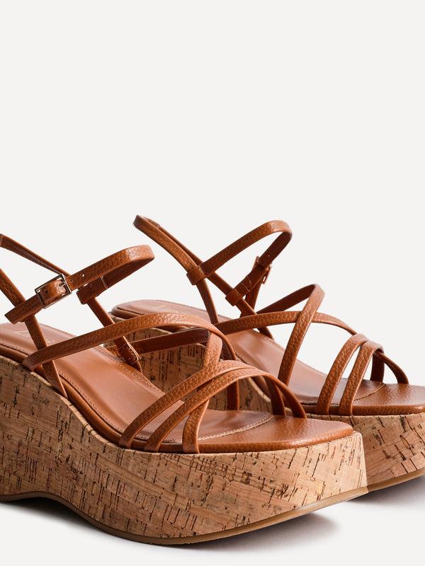 Linzi Tan Faux Lizard Strappy Cork Flatform Sandal