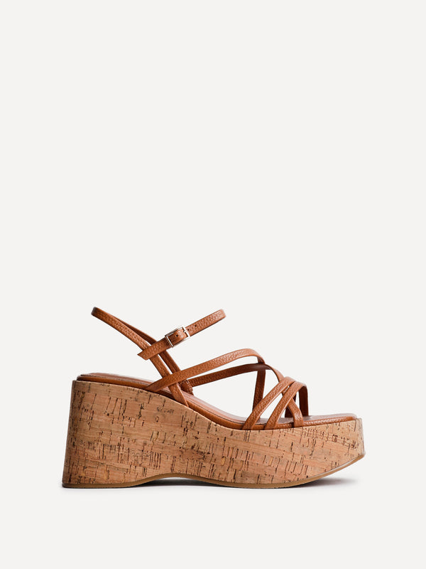 Linzi Tan Faux Lizard Strappy Cork Flatform Sandal