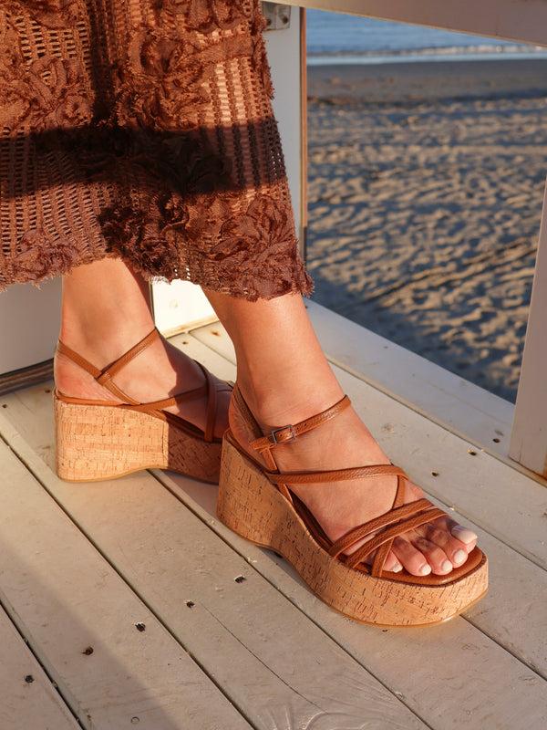 linzi Tan Faux Lizard Strappy Cork Flatform Sandal