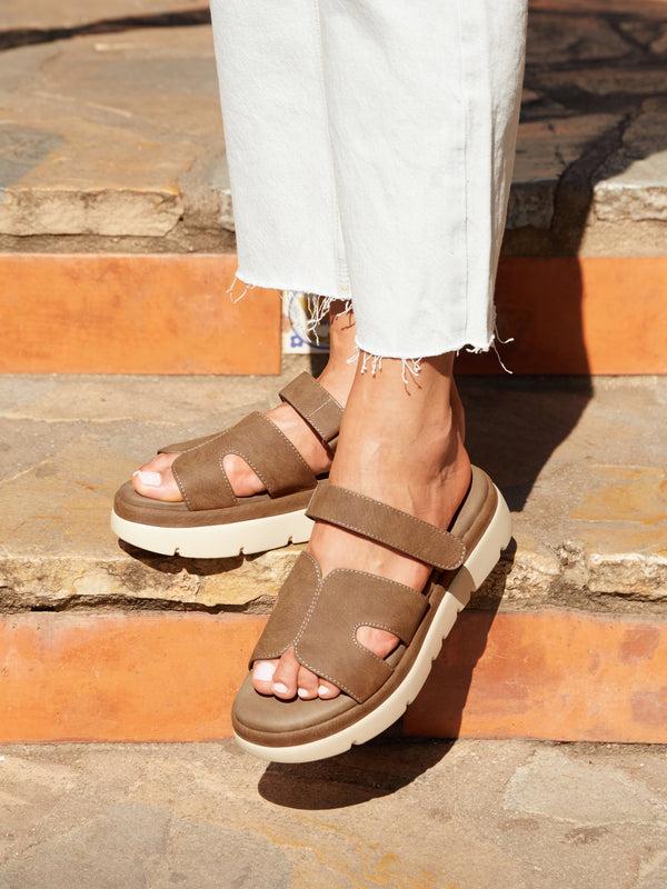 linzi Tan Faux Nubuck Chunky Link Strap Sandal
