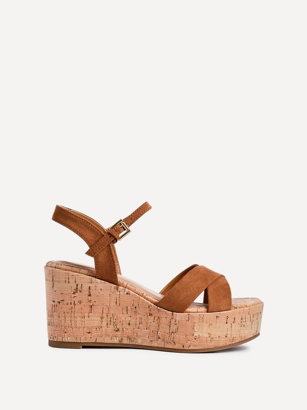 Linzi Tan Faux Suede Crossover Cork Wedge