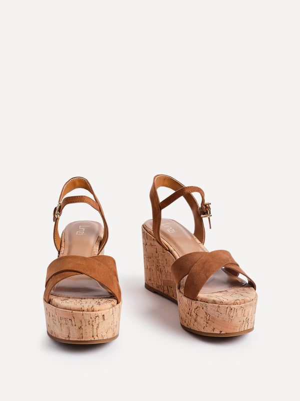 Linzi Tan Faux Suede Crossover Cork Wedge