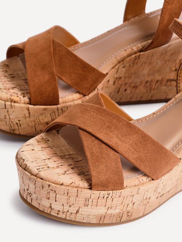 Linzi Tan Faux Suede Crossover Cork Wedge