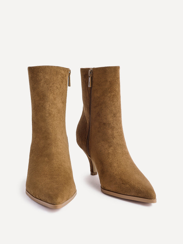 Linzi Tan Faux Suede Heeled Pointed Ankle Boot