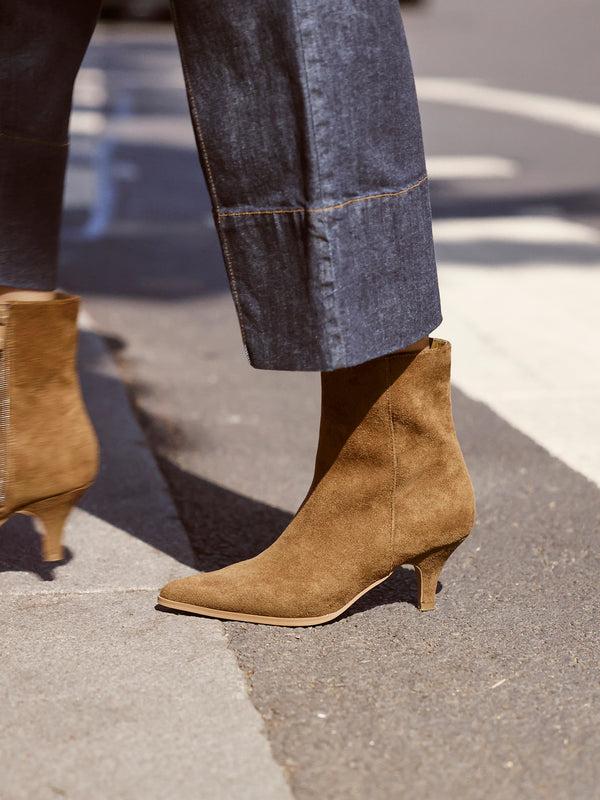 linzi Tan Faux Suede Heeled Pointed Ankle Boot