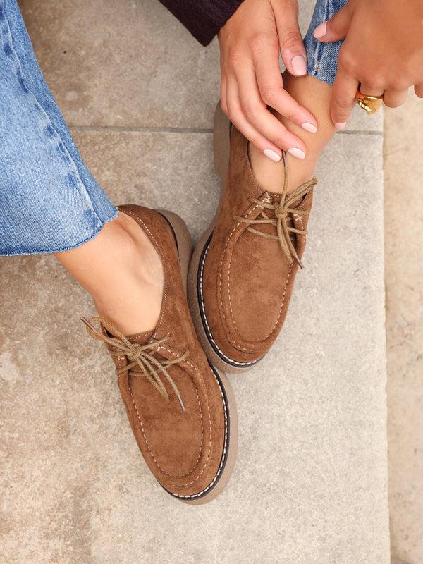 linzi Tan Faux Suede Laced Chunky Loafer