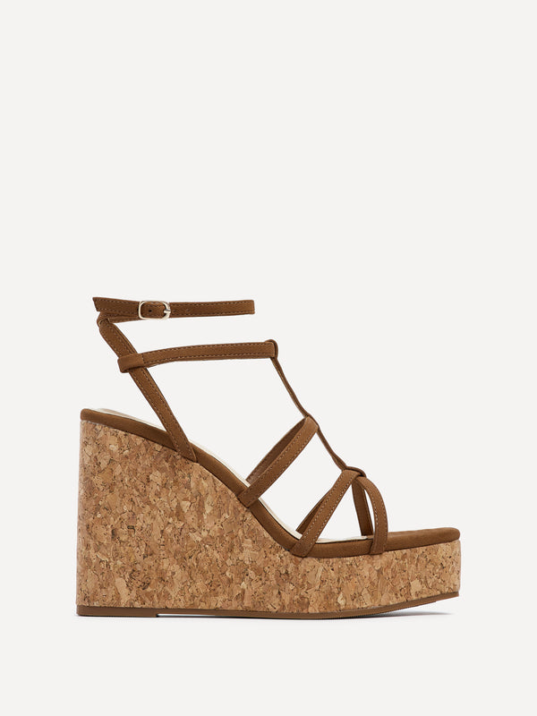 Linzi Tan Faux Suede Square Toe Strappy Cork Wedge
