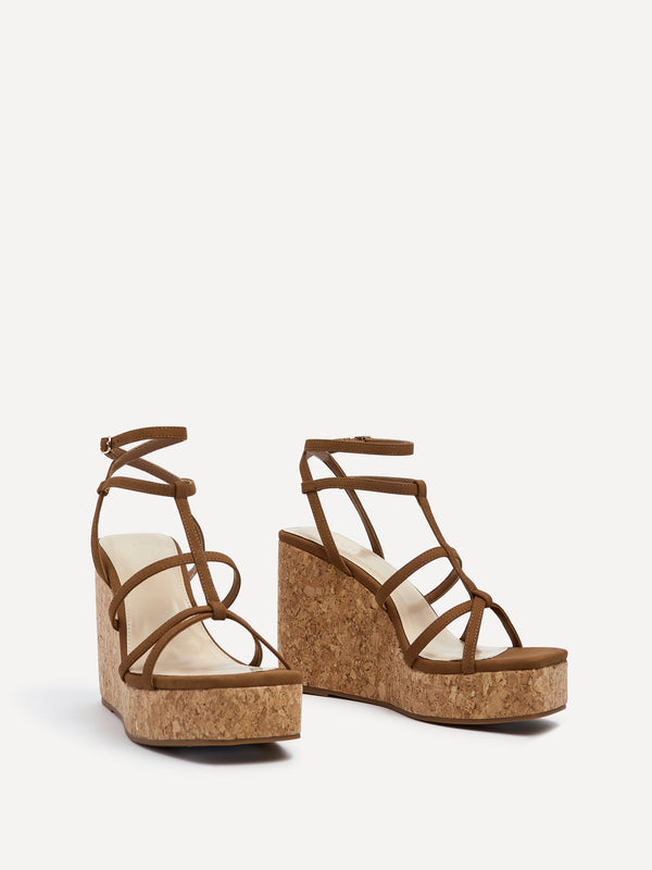 Linzi Tan Faux Suede Square Toe Strappy Cork Wedge