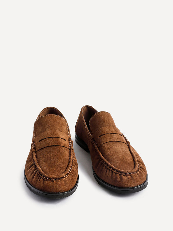 Linzi Tan Suede Leather Ruched Loafer