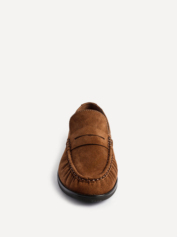 Linzi Tan Suede Leather Ruched Loafer