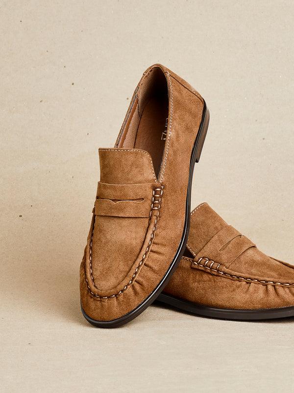 linzi Tan Suede Leather Ruched Loafer