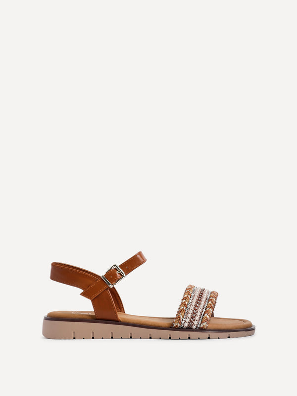 Linzi Tan Weaved Embellished Flat Sandals