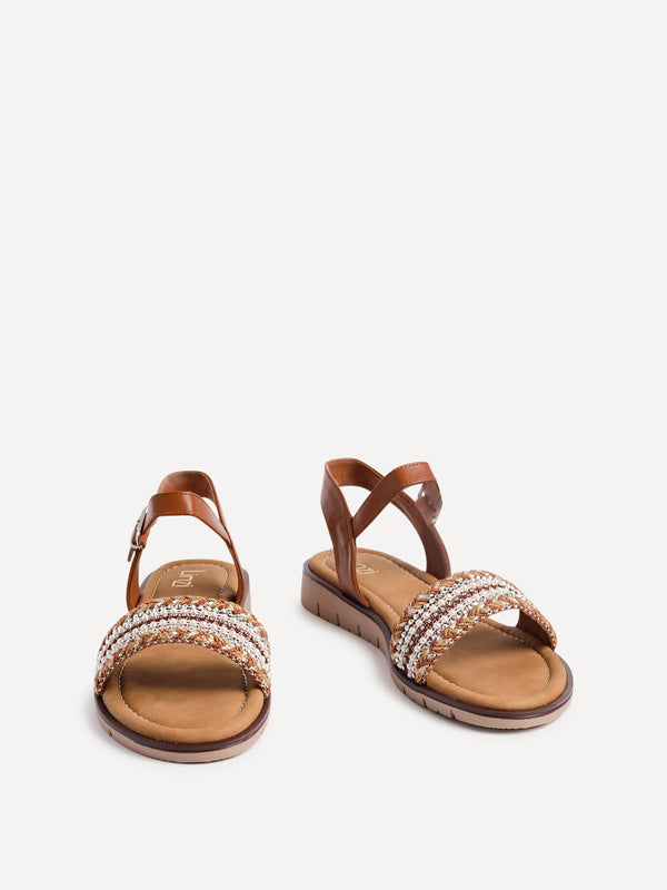 Linzi Tan Weaved Embellished Flat Sandals