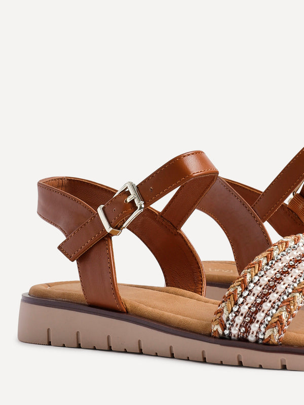Linzi Tan Weaved Embellished Flat Sandals