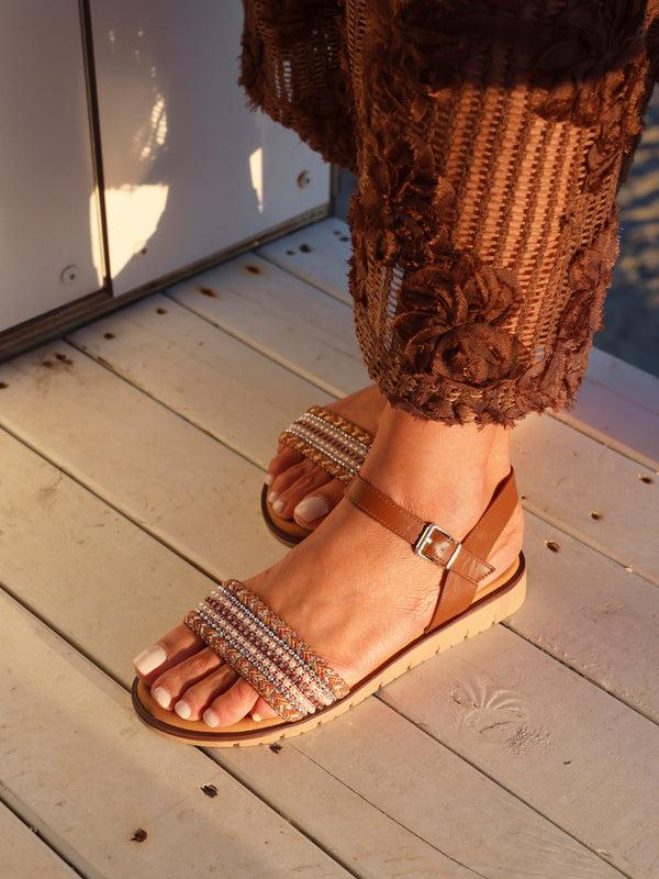 linzi Tan Weaved Embellished Flat Sandals