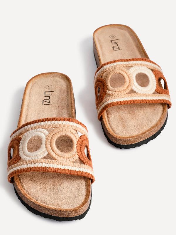 Linzi Tan Woven Flatbed Flat Slider Sandals