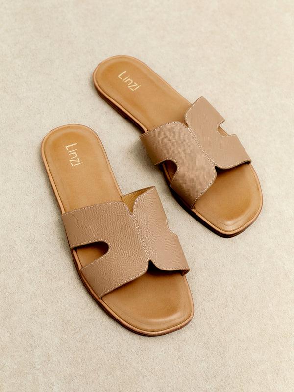 linzi Taupe Faux Leather Link Design Flat Sandal