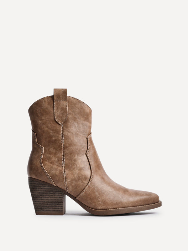 Linzi Taupe Faux Leather Western Ankle Boot