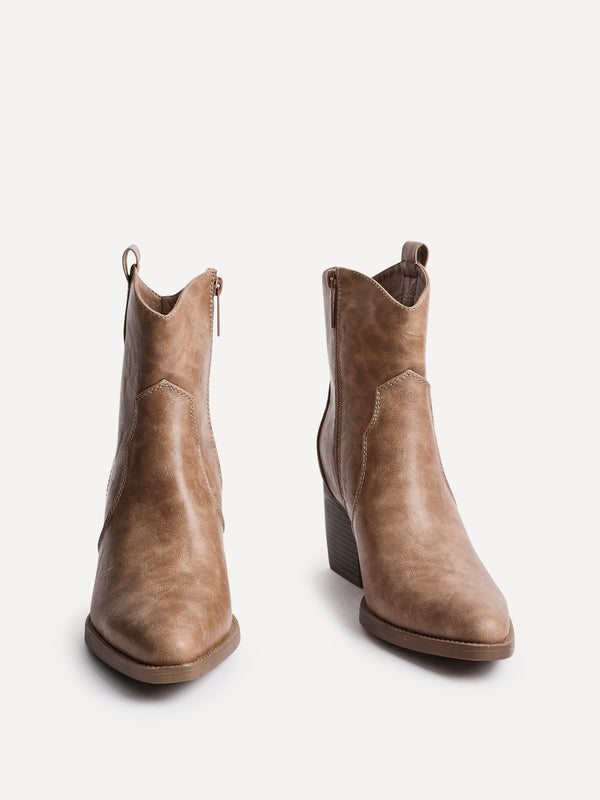 Linzi Taupe Faux Leather Western Ankle Boot