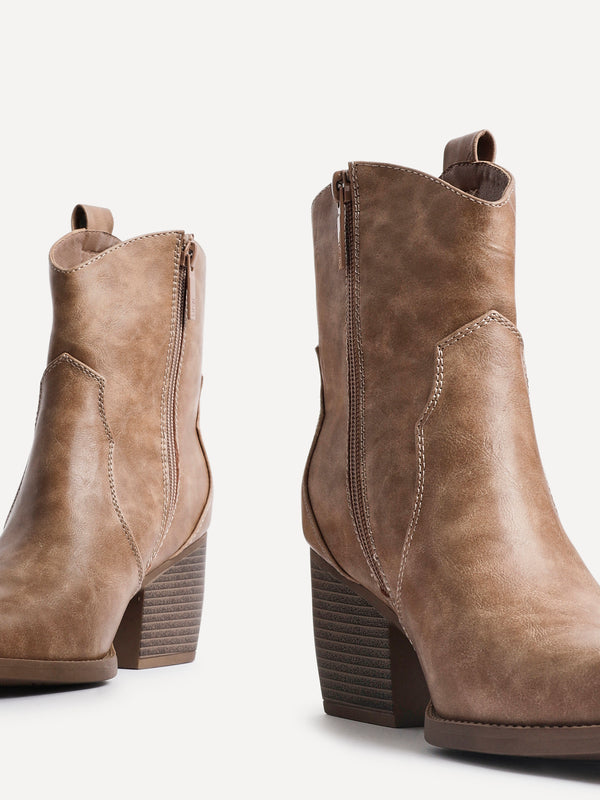 Linzi Taupe Faux Leather Western Ankle Boot