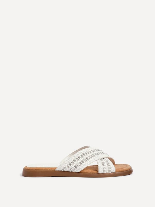 Linzi White Embellished Raffia Flat Slider Sandal